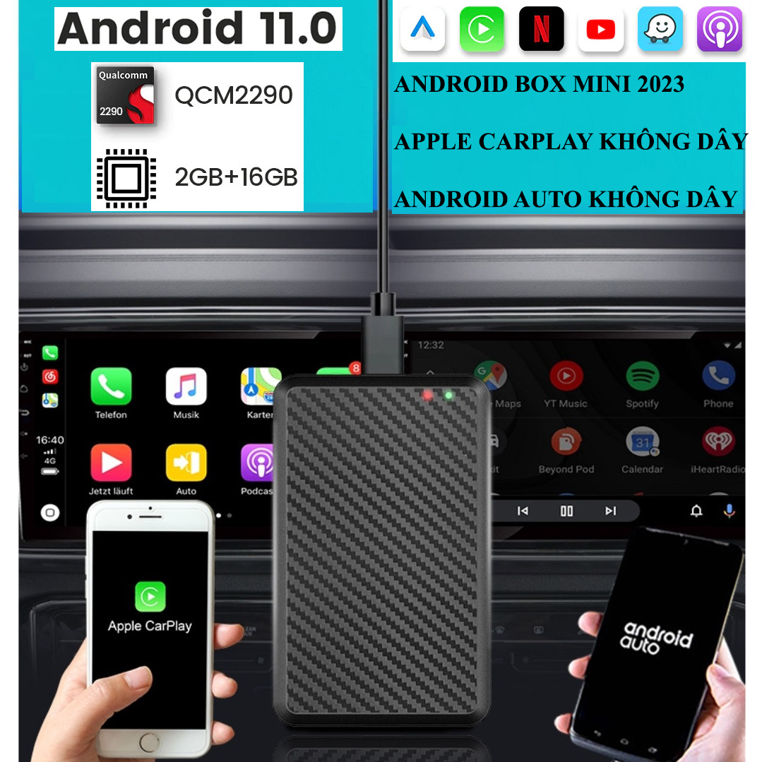 Carplay Android Box ô tô, model A5 2023, tích hợp Apple Carplay không dây - Android Auto không dây