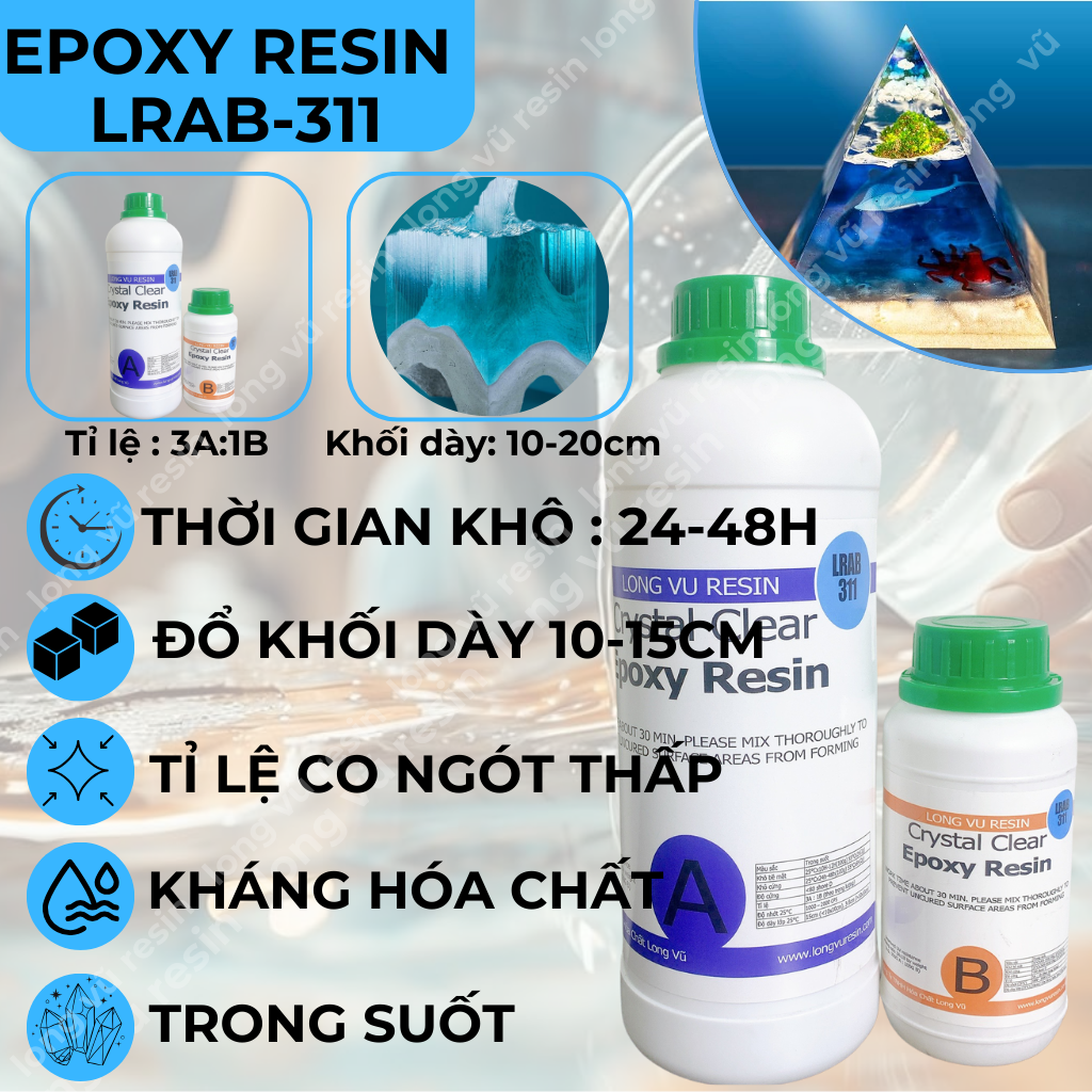 Bộ 1KG Keo Epoxy Trong Suốt Cao Cấp Đổ Khối LRAB311 - Crystal Clear Epoxy Resin - Chuyên Đổ Bàn Đèn Ngủ Làm Handmade