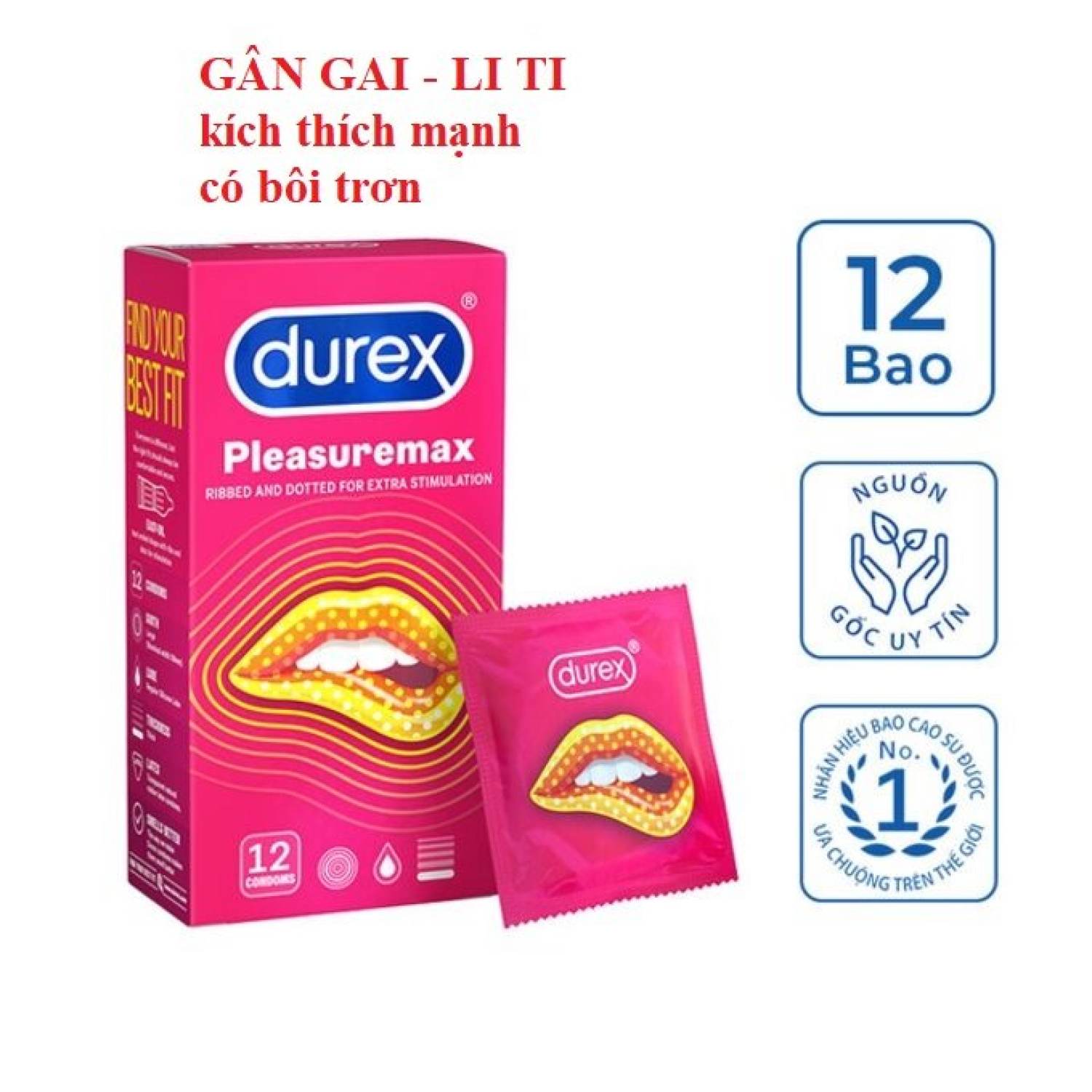 Bao cao su Durex Pleasuremax có gân gai ,hộp 12 chiếc.