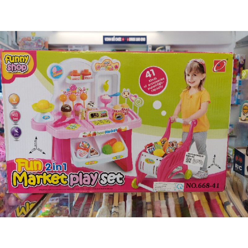 668-41 Đồ Chơi Bán Hàng Siêu Thị 2 Trong 1 - Quầy Bán Hàng Siêu Thị - Xe Đẩy Siêu Thị | Kệ Bếp Mini