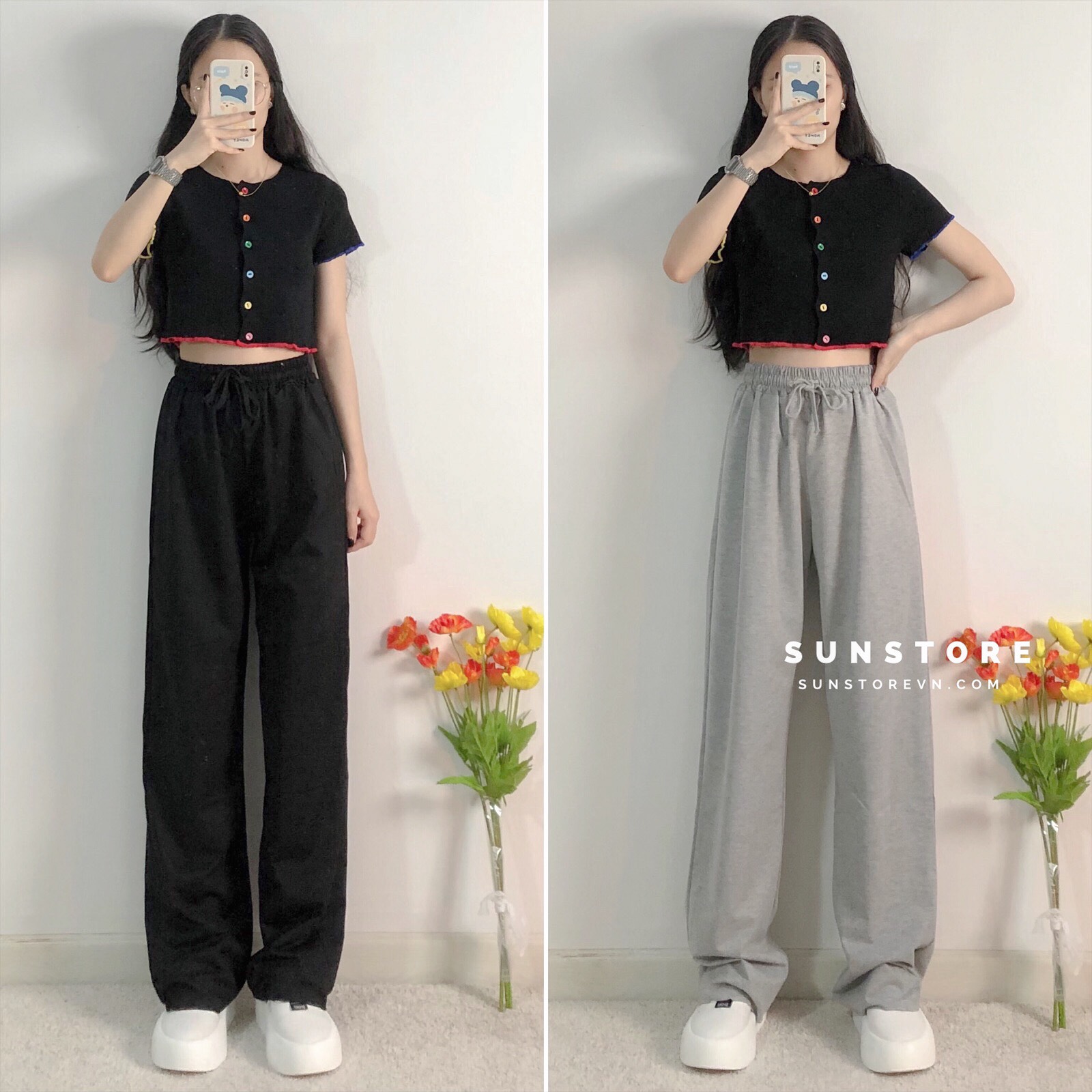 Quần culottes ống suông chất thun quảng châu 2 màu xám và đen Ulzzang