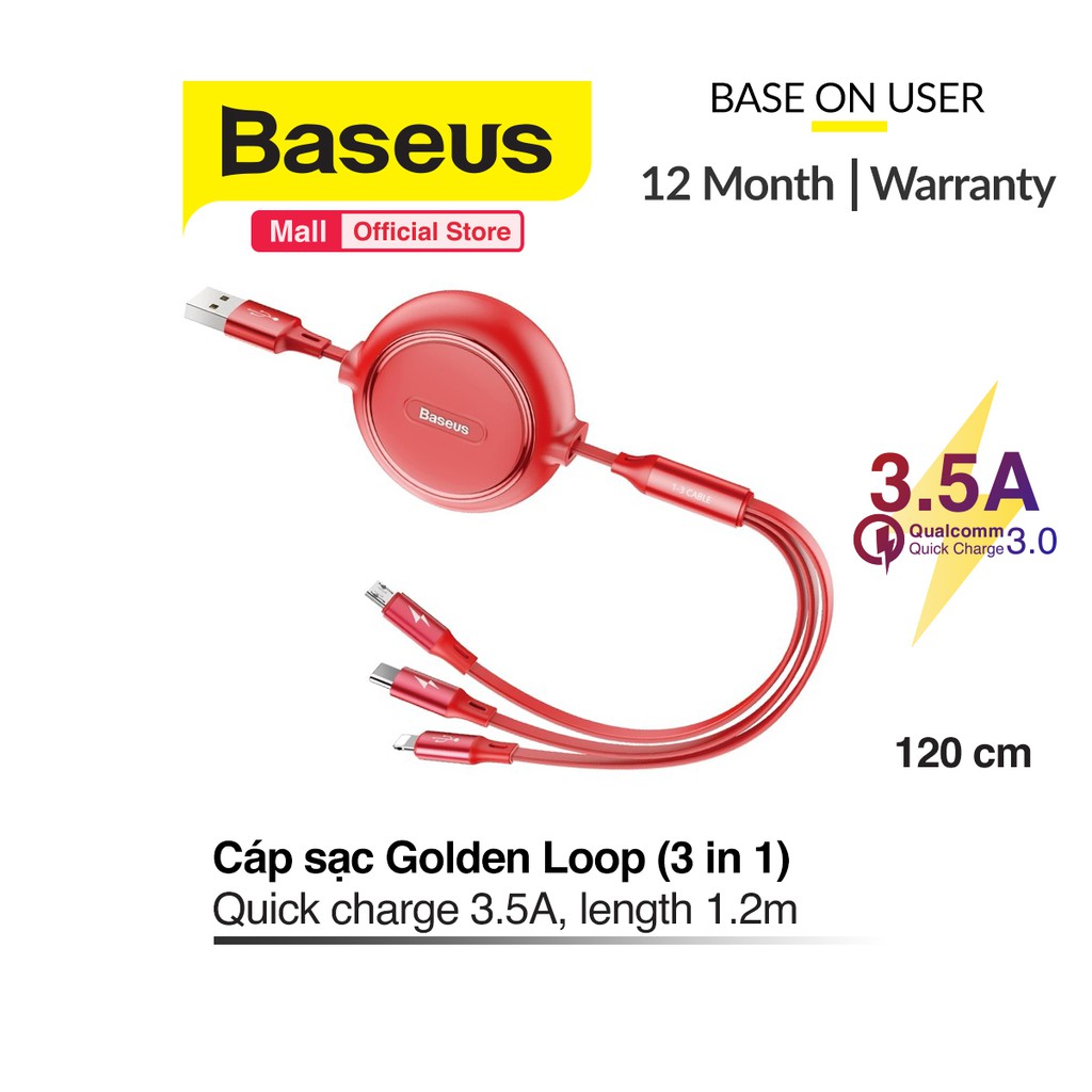 Cáp sạc 3 đầu rút gọn baseus dây sạc 3 đầu m+l+c 3.5a dài 1.2m đa năng tiện dụng