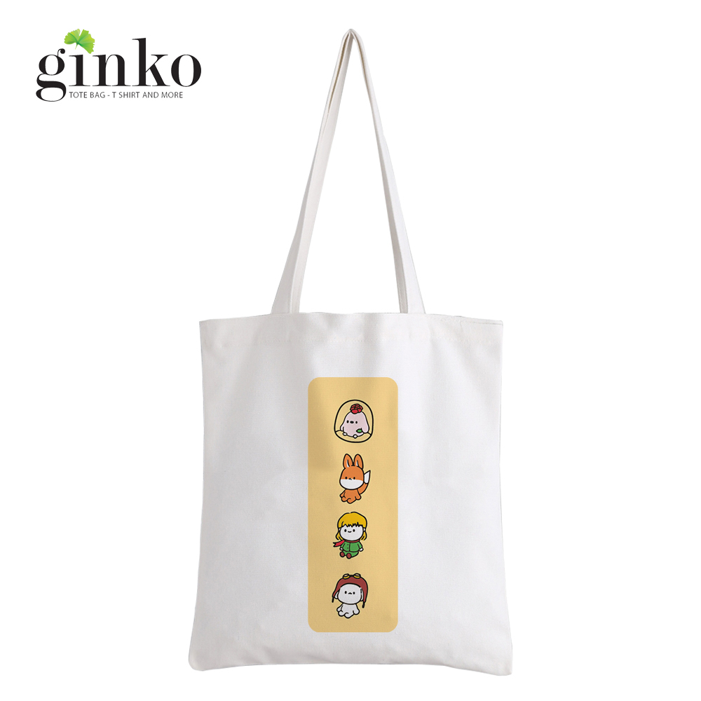 Túi vải tote ginko kiểu basic dây kéo in hình cartoon