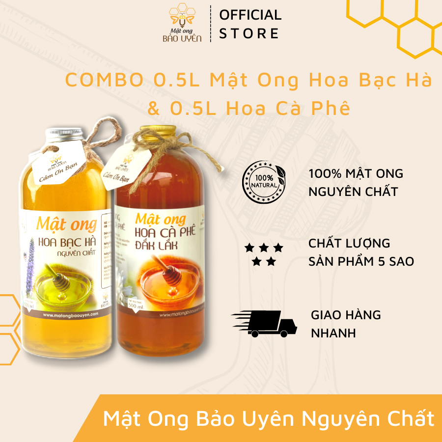 Combo 1 lít mật ong nguyên chất 100% tự nhiên bảo uyên gồm 2 loại mật ong hoa cà phê và mật ong hoa bạc hà