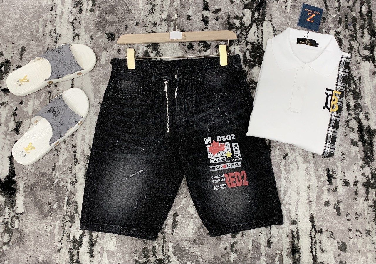 Quần short jean nam đen in logo chất bò vải dày co dãn mẫu mới nhất cao cấp NAM FASHION