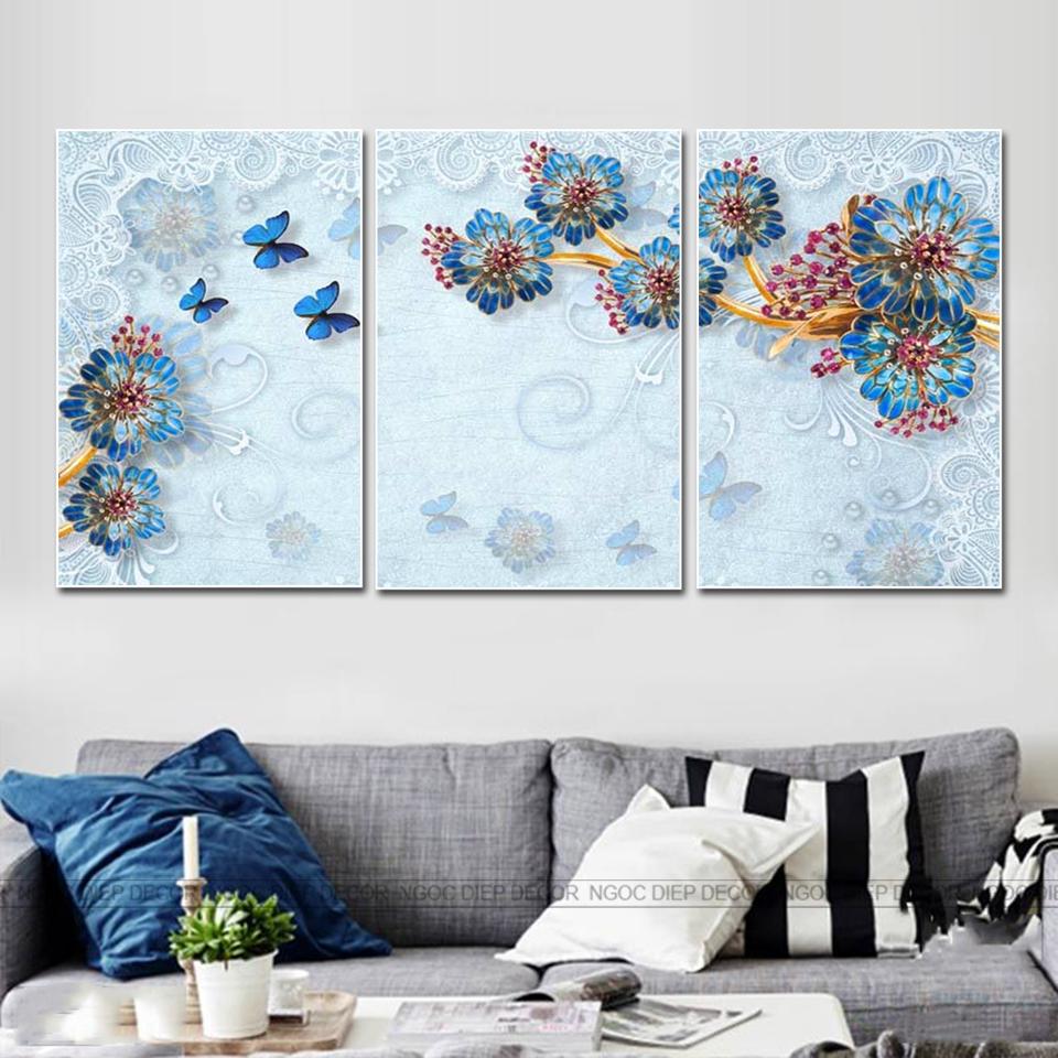 Tranh dán tường hoa xanh ngọc 3D - Tranh décor phòng khách, phòng ngủ phong cách hiện đại