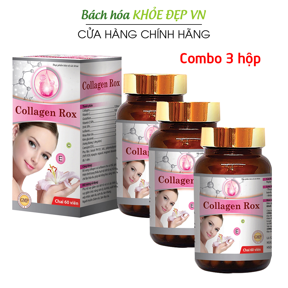 Combo 3 hộp Viên uống đẹp da Collagen Rox bổ sung Vitamin E C chống lão hóa, ngừa nếp nhăn - Hộp 60 viên