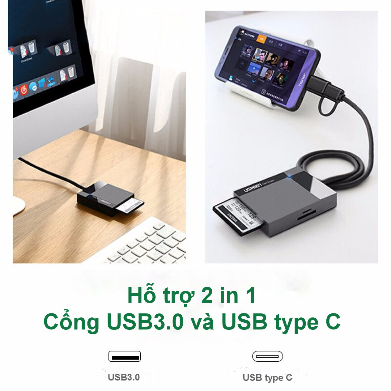 Đầu đọc thẻ hỗ trợ cổng 2 in 1 USB 3.0 / USB type C cho thẻ CF / SD / MS / TF chức năng OTG dài 50cm UGREEN CR125 Đầu đọc thẻ hỗ trợ cổng 2 in 1 USB 3.0 / USB type C cho thẻ CF / SD / MS / TF chức năng OTG dài 50cm UGREEN CR125