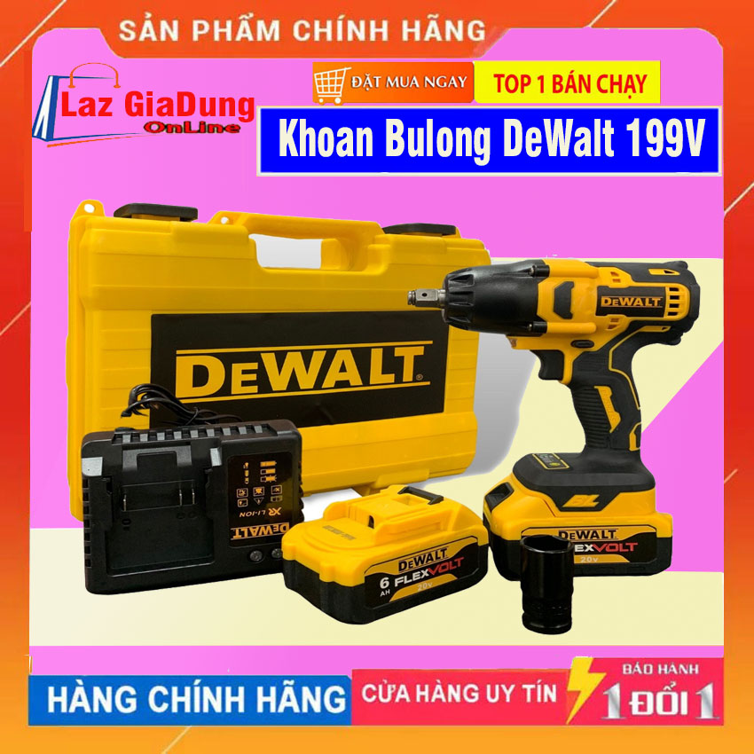 Máy siết bulong DEWALT 199V 880N.mVali Máy Khoan Sửa Ô Tô chuyên mở vít tôn lực siết mạnh không chổi than tặng kèm đâu bulong 22mm