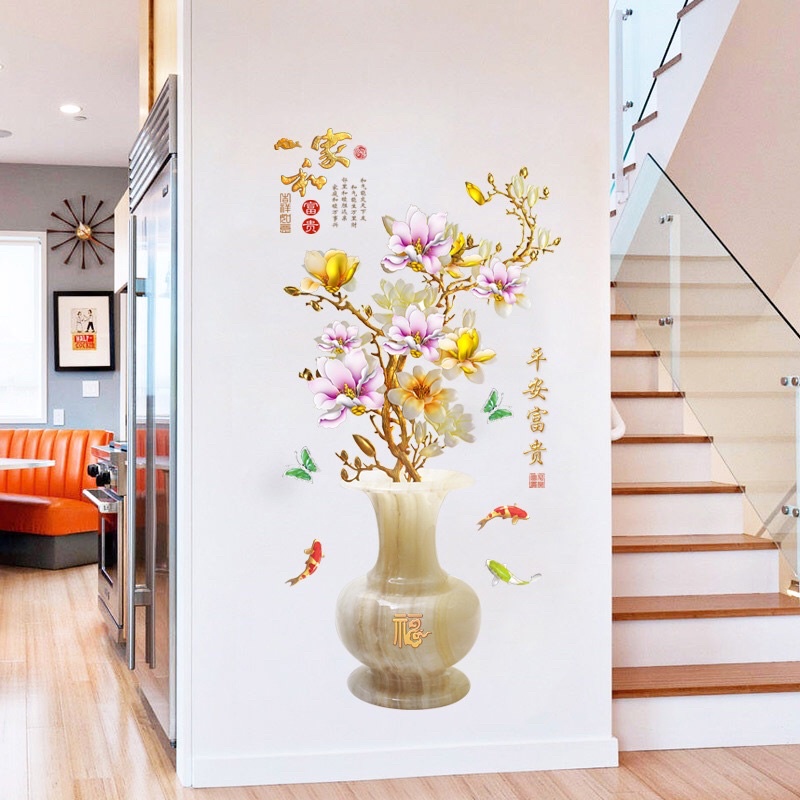 Decal dán tường trang trí phòng khách bình hoa ngọc