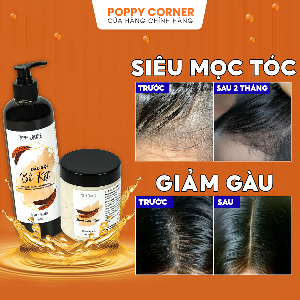 Dầu gội giảm gàu thảo mộc bồ kết cô đặc COMBO chống rụng thảo dược thiên nhiên mọc tóc nhanh dài POPPY CORNER