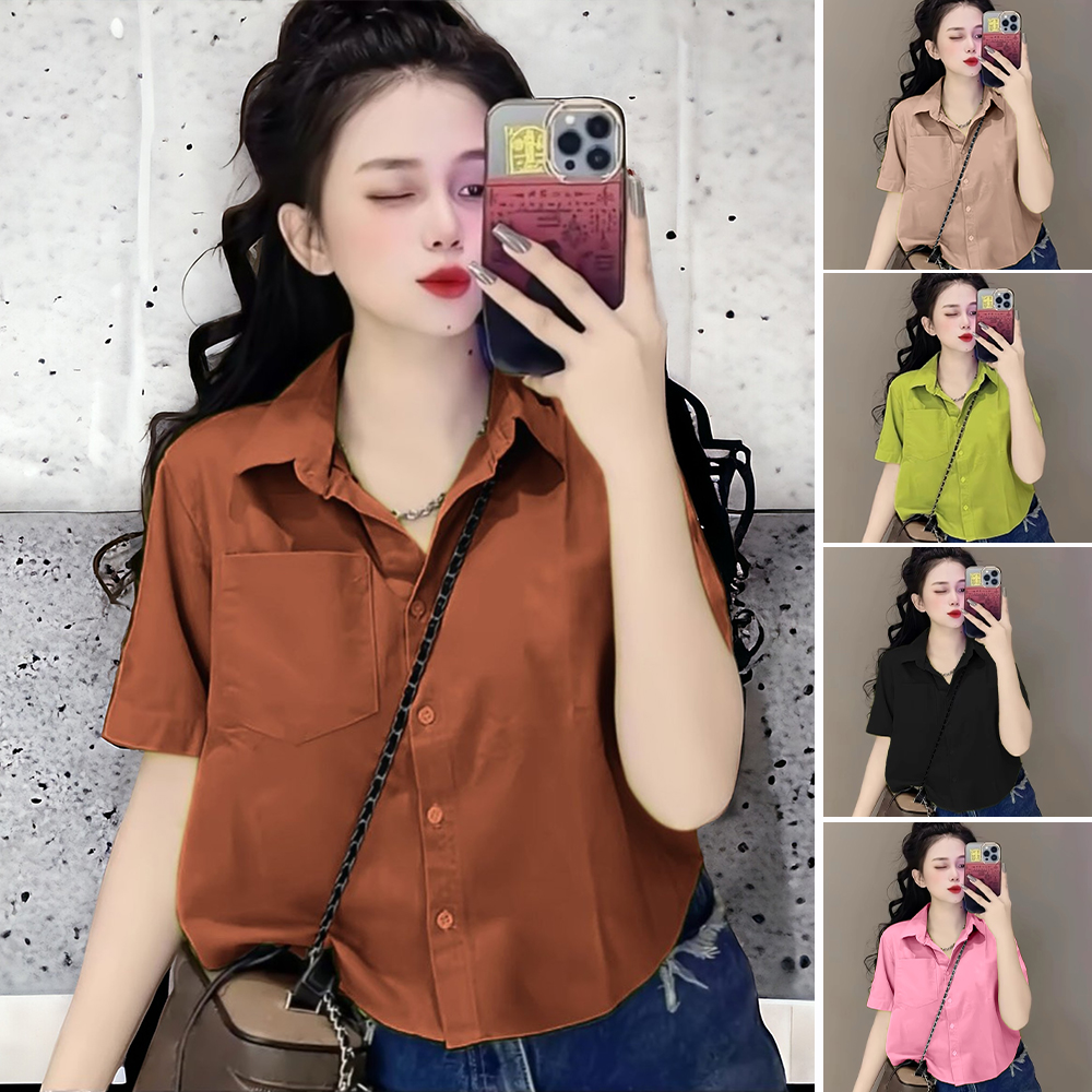   Bigsize 50-95kg  Áo Sơ Mi Form Ngắn Croptop Trơn Tay Ngắn Chất Lụa Mịn Phong Cách Năng Động Trẻ Trung Siêu Dễ Thương 