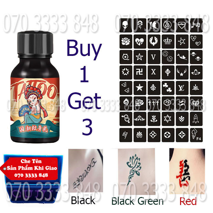 【VIP-LOẠI 1】Mực Xăm Tạm Thời 7-15day Lên Màu Ngay [ Tặng 3  Khuôn + Sticker  ] [Màu Đen - Đỏ - Xanh]No.3