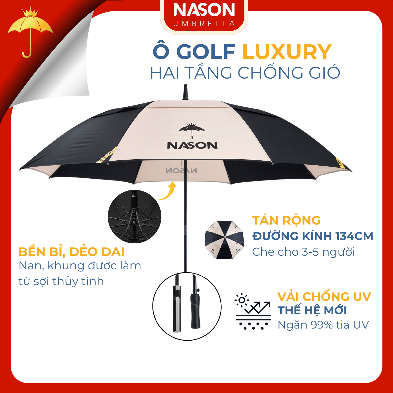 Ô dù Golf 2 tầng cao cấp 30 inch LUXURY Nason Umbrella - Chống lật trong gió to - Vải chống thấm chống tia UV