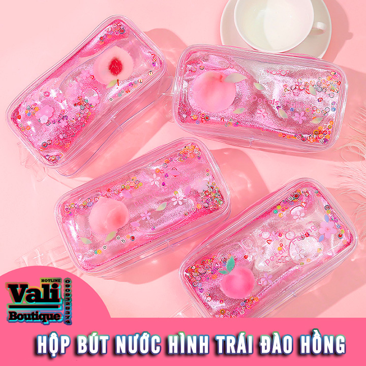 Hộp bút nhựa PVC trong suốt nhũ kim tuyến nước hình quả đào hồng  - nhiều mẫu - tặng 1 bút hình thú mẫu ngẫu nhiên mực đen