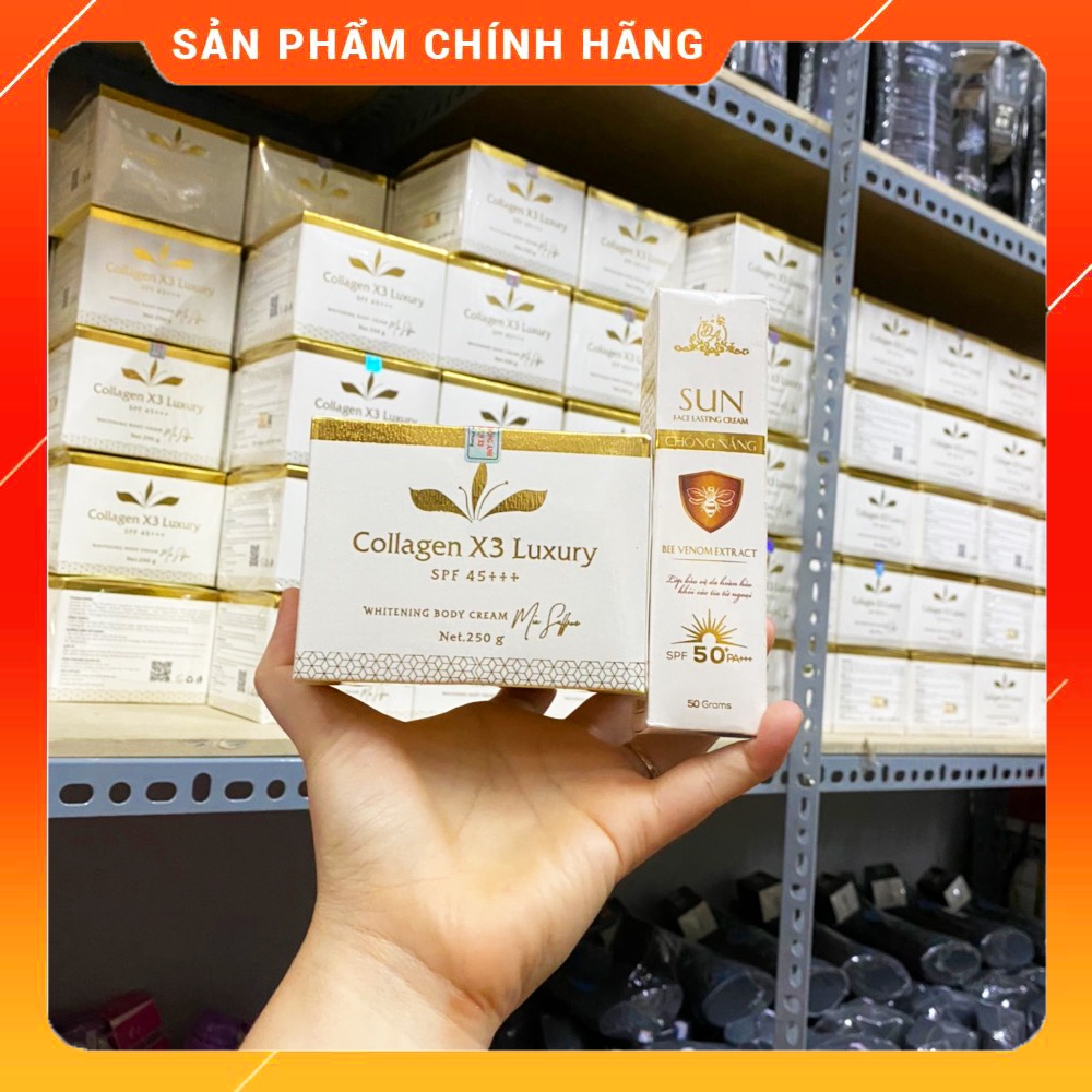 [Chính hãng 100%] Combo kem dưỡng trắng da body collagen x3 luxury + Chống nắng collagen x3 - Kem dưỡng trắng da body, dưỡng trắng da toàn thân, kem chống nắng nọc ong giúp bảo vệ da dưới tác hại của tia UV