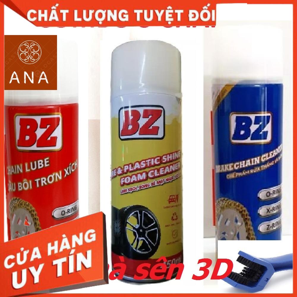 [Combo 3 chai tặng chà sên 3D] Vệ Sinh Sên BZ 600ml + Dưỡng Sên BZ 450ml+ Dưỡng nhựa nhám 450ml, đánh bóng lốp BZ, dung dịch vệ sinh sên và xịt dưỡng sên cùng phục hồi nhựa nhám BZ tặng ngay bàn chải 3D giá hấp dẫn