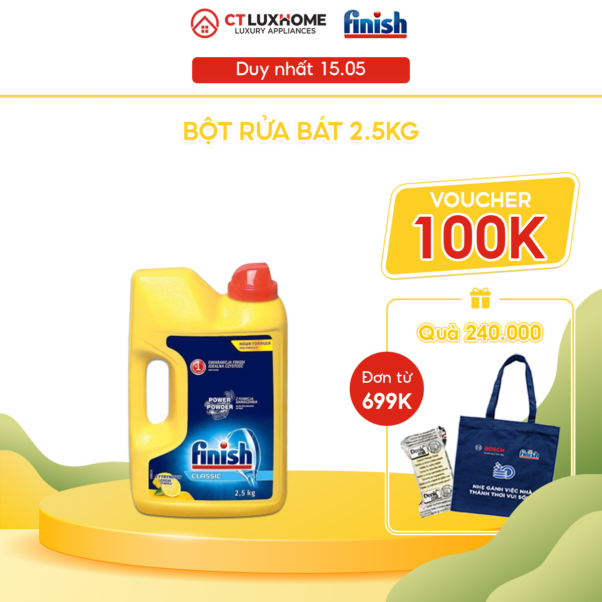 Bột rửa chén bát Finish Classic hương chanh 2.5kg