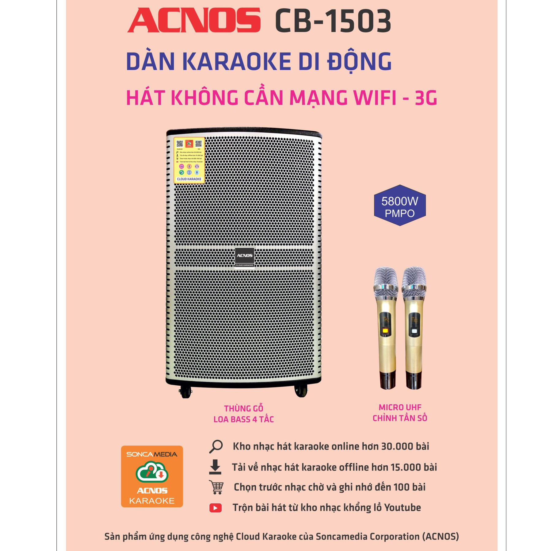 Loa kéo acnos cb-1503 loa kéo karaoke acnos cb-1503 4 tấc thùng gỗ cao cấp