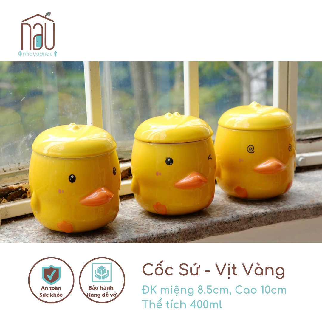 CỐC SỨ vịt vàng xinh xắn cho bạn yêu màu vàng làm quà sinh nhật tặng kỉ niệm, có nắp tiện lợi làm khuôn flan - SẴN CÓ tại Nhà của Nâu