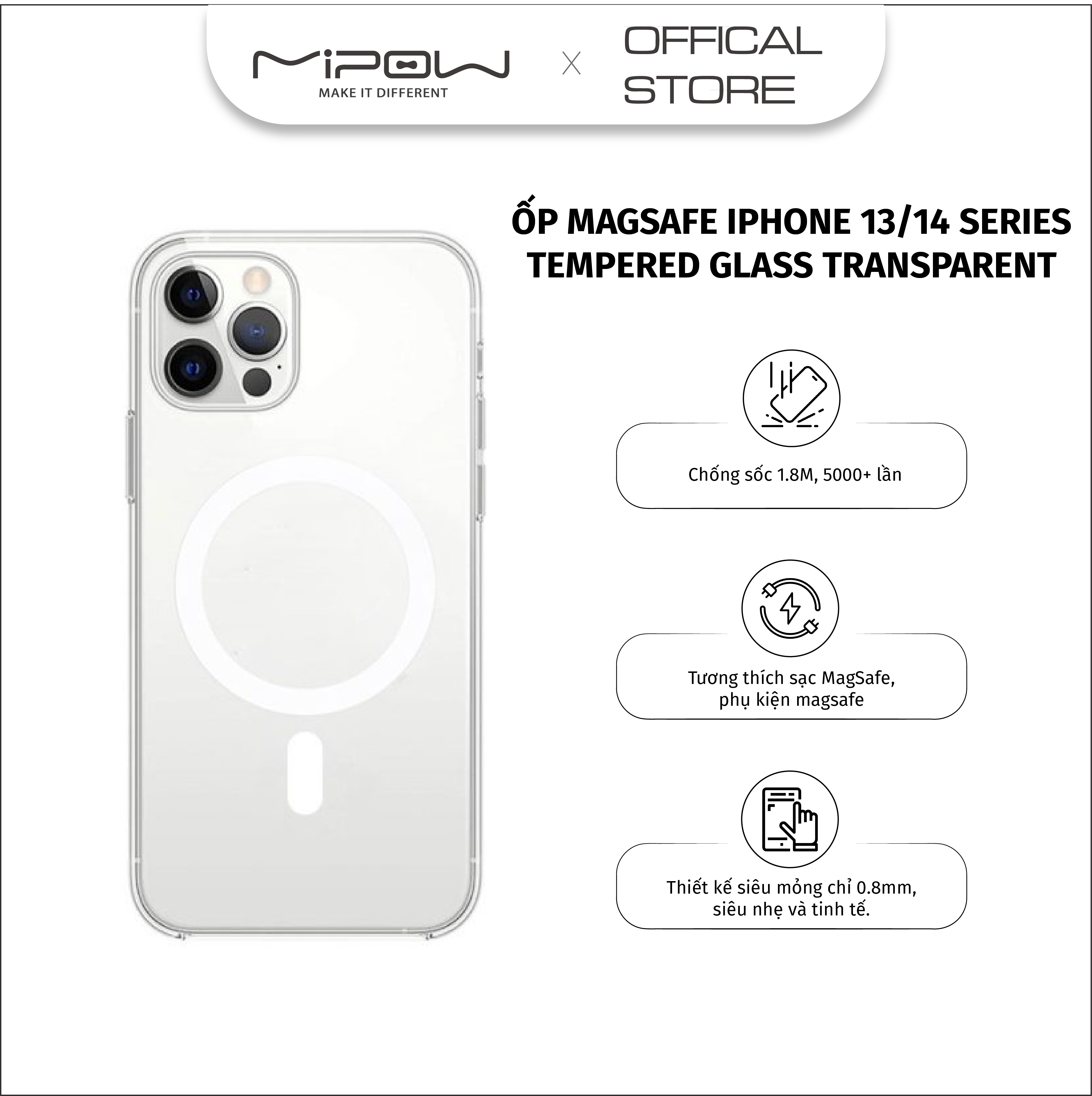 Ốp lưng trong suốt magsafe mipow magsafe tempered glass for series iphone 14 - hàng chính hãng