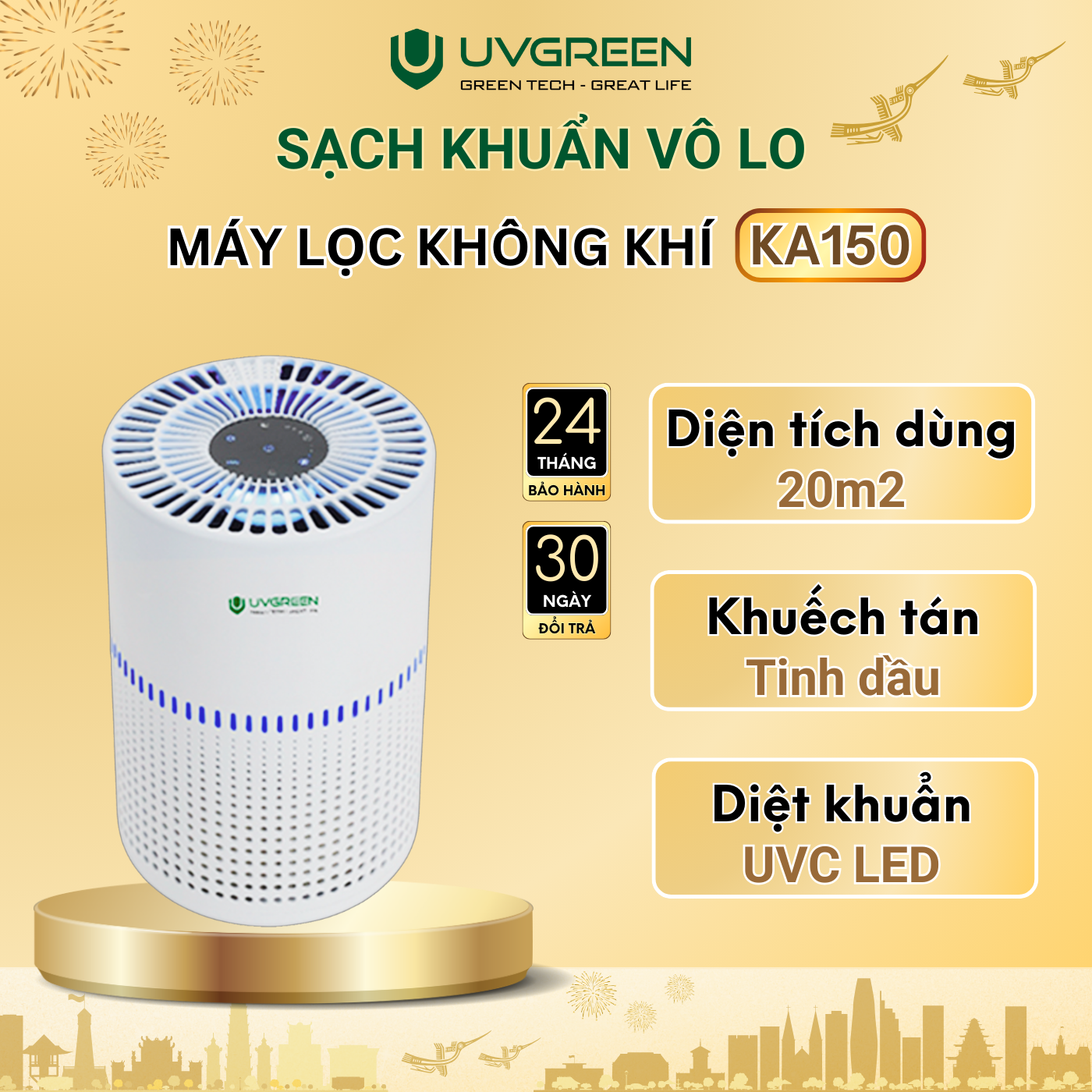 Máy Lọc Không Khí Diệt Khuẩn UVGREEN KA150 15m2 - Công Nghệ UVC LED hiện đại, Lõi Lọc HEPA H13 Lọc Sạch 99,97% Bụi Mịn, Mùi, Khói, Lông Thú Cưng, Bảo Hành 24 Tháng