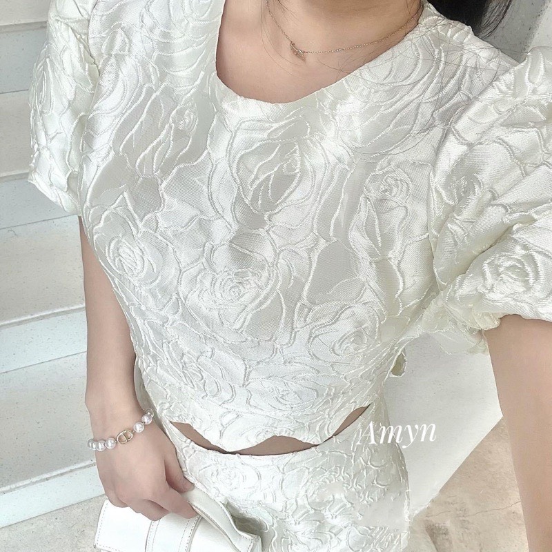 Set gấm áo hoa hồng kèm chân váy chữ A - 247StoreFashion - setgamhoahong7428