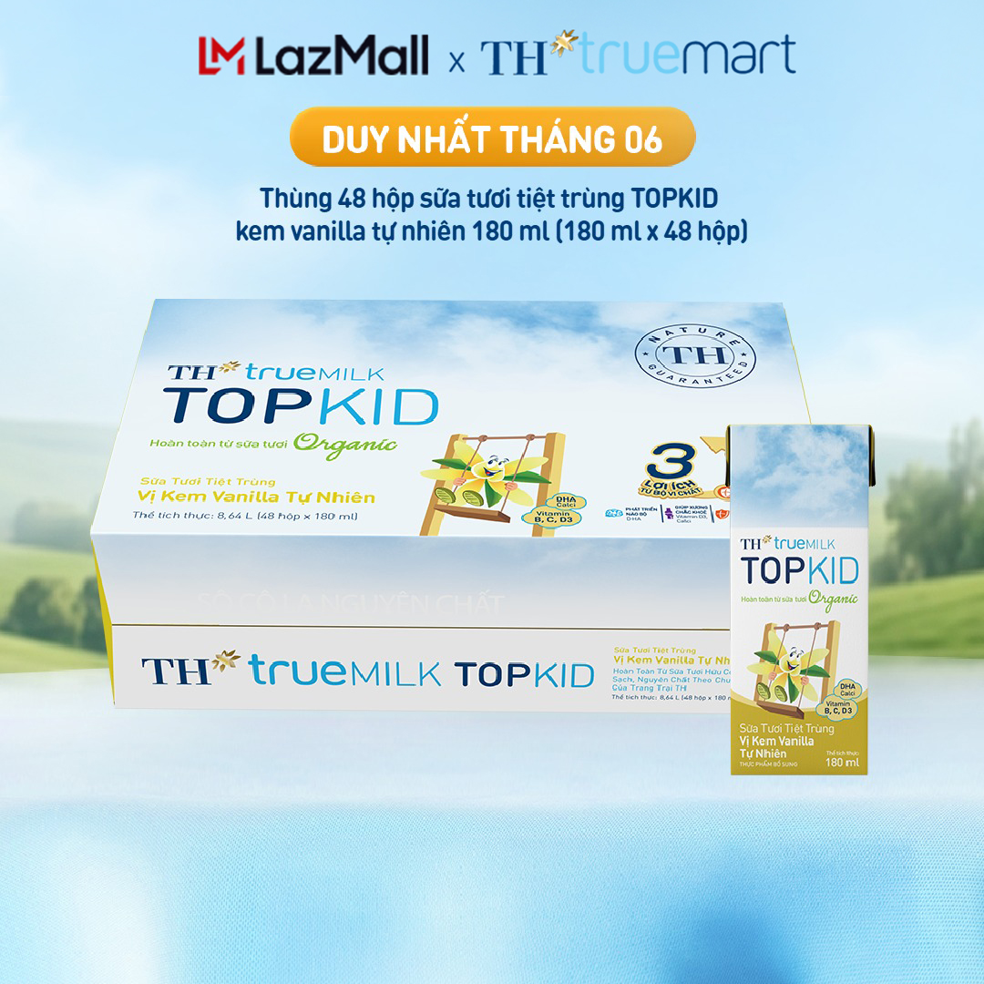 Thùng 48 hộp sữa tươi tiệt trùng TOPKID kem vanilla tự nhiên TH true MILK 180ml