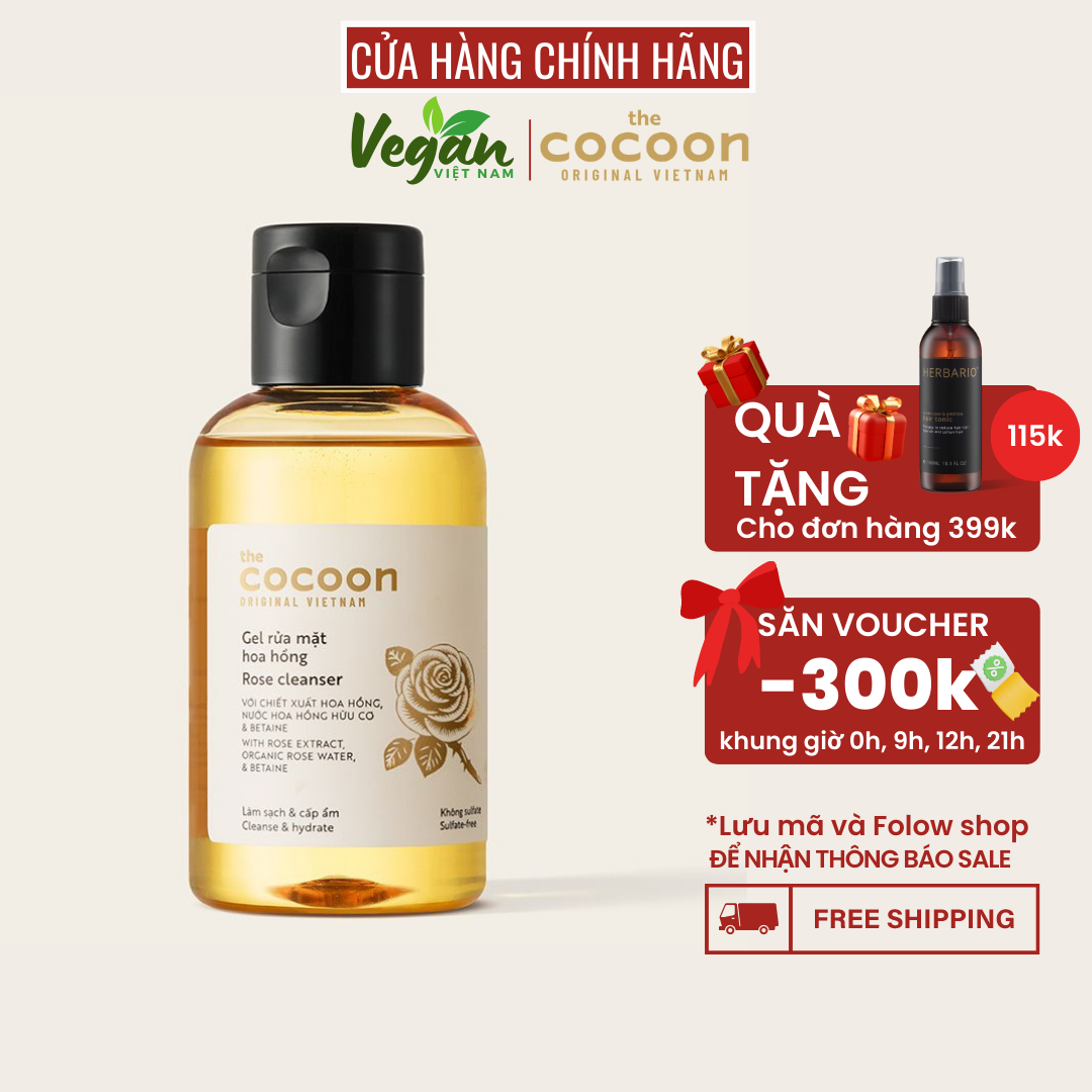 Gel rửa mặt hoa hồng cocoon 140ml (ROSE WATER CLEANSER) sạch dịu da - Vegan Việt Nam