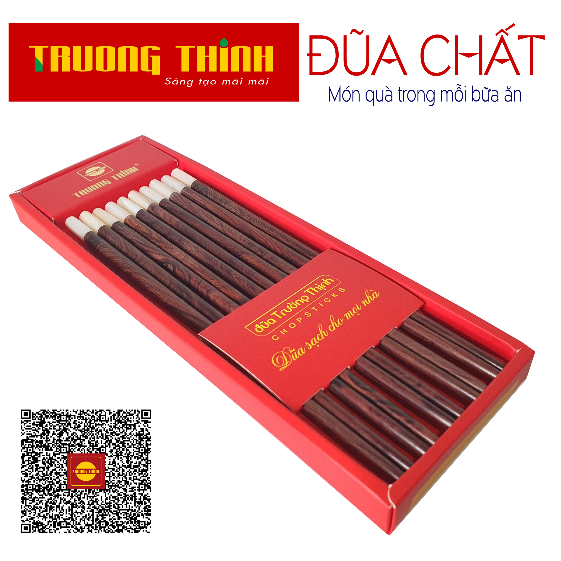 Đũa gỗ trắc vân đầu gắn ngọc trắng cao cấp - hộp màu đỏ - 10 đôi tròn