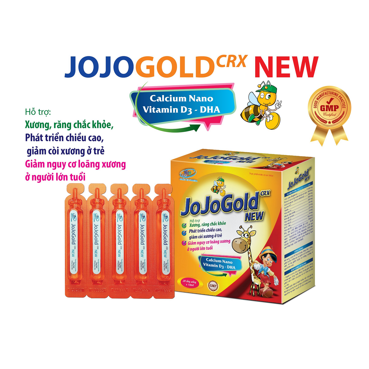 Siro Bổ Sung Canxi Hữu Cơ Jojogold - Giúp Trẻ Nhanh Mọc Răng - Phát Triển Chiều Cao - Giúp Xương Chắc Khỏe - Jojo Gold Hộp 20 Ống Nhựa Bẻ Ngọt Thơm Dễ Uống