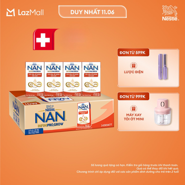 [Chỉ 11.06 QT Đơn 599K/999K/1299K] Thùng 36 hộp sữa pha sẵn Nestle NAN INFINIPRO GROW với công thức vượt trội kết hợp sữa A2 và HMO hỗ trợ tiêu hóa, đề kháng và phát triển thể chất (4x110ml)