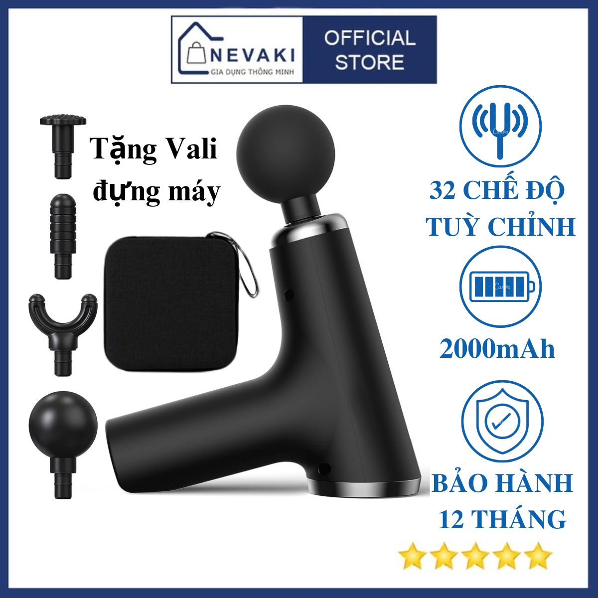 Súng massage cầm tay đa năng mini Nevaki, mát xa giãn cơ toàn thân, cổ vai gáy  nhỏ gọn 32 chế độ, màn hình hiển thị LCD