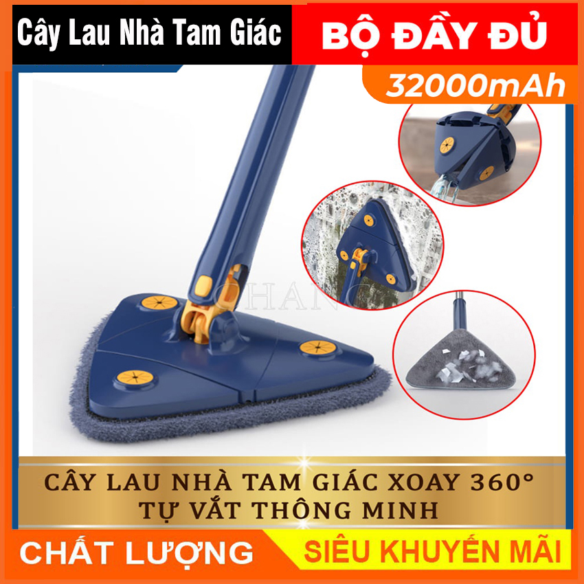 Cây lau nhà tam giác, Chổi lau kính lau trần xoay 360 độ đa năng tiện dụng tự vắt thông minh