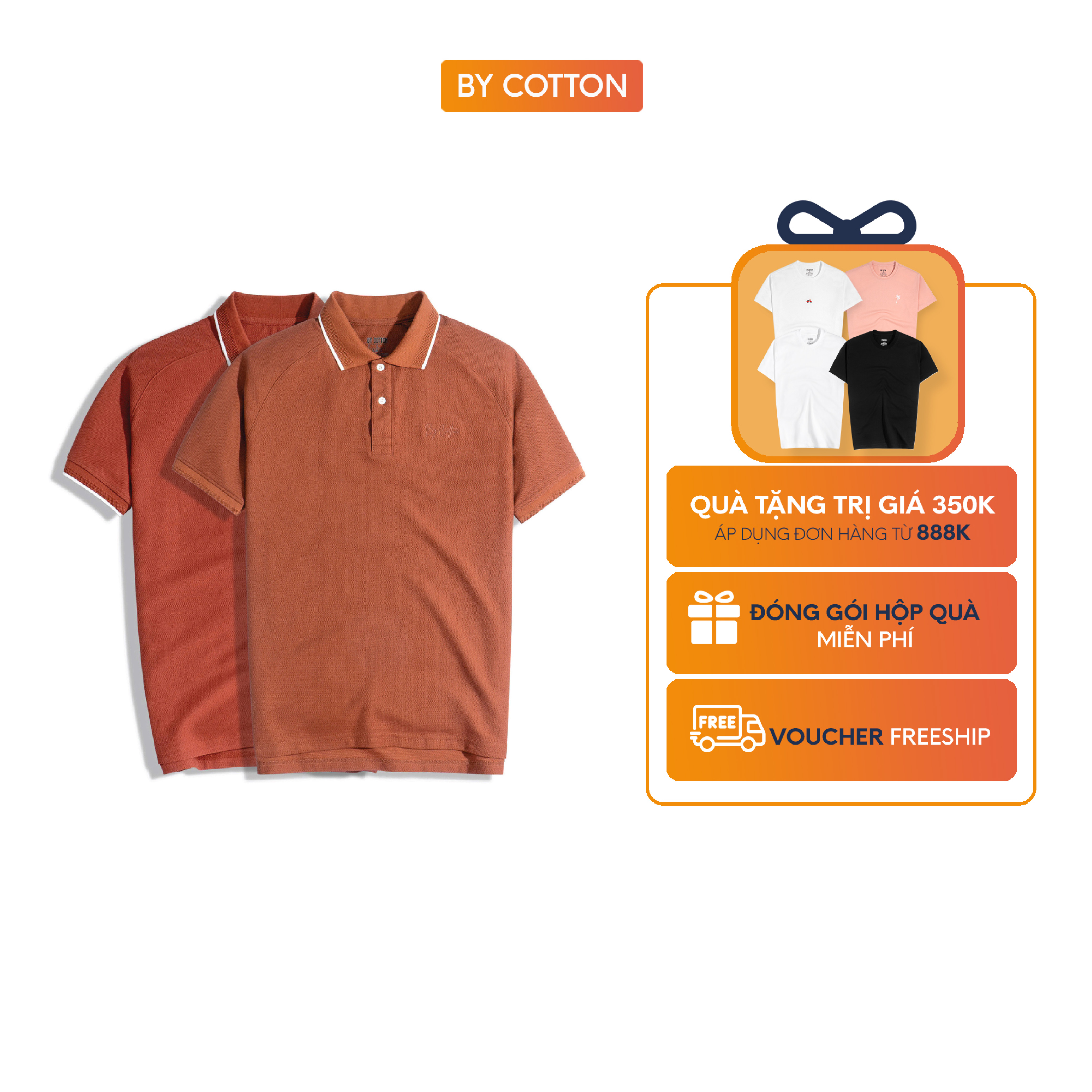 Áo thun nam cao cấp polo cool piqué 2 màu đỏ gạch - cam gạch by cotton