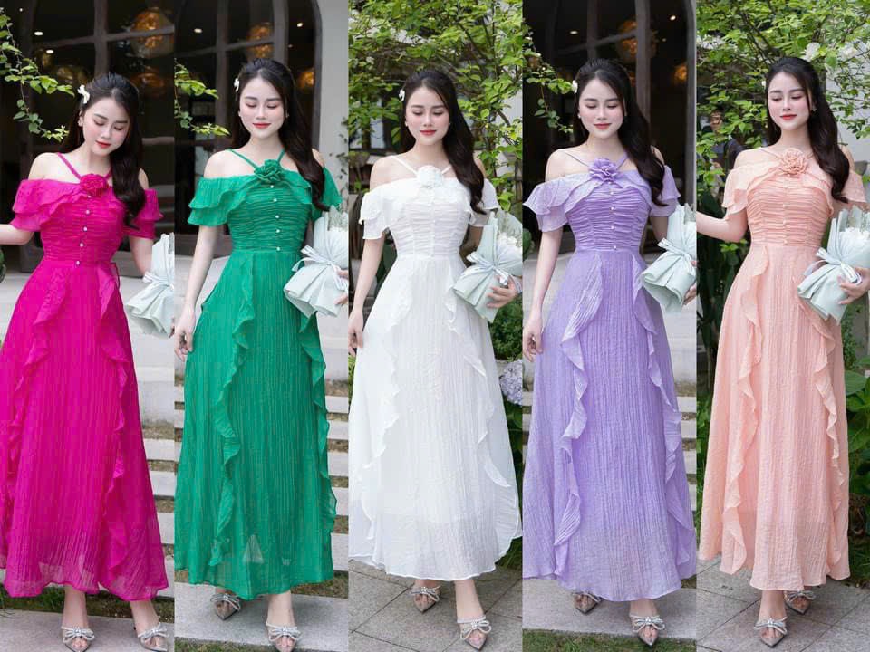 Đầm xốp nhật, đầm maxi phối bèo dài nơ ngực trễ vai xinh xắn mọi góc nhìn