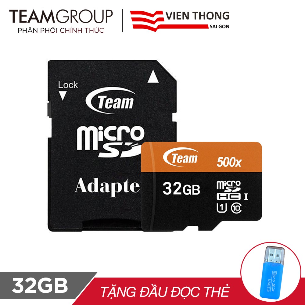 Thẻ nhớ microsdhc team 32gb 500x upto 80mb-s class 10 u1 kèm adapter +đầu đọc thẻ