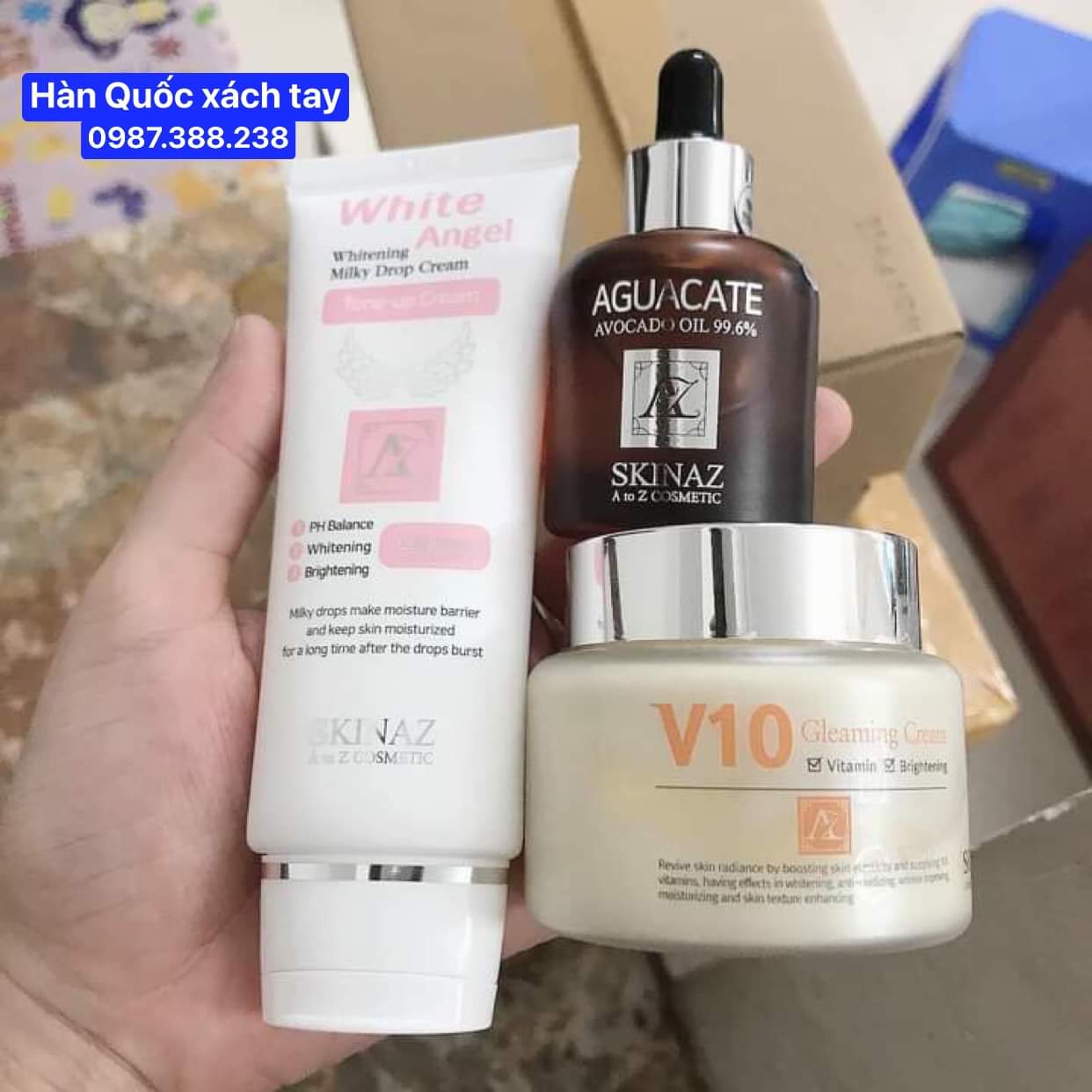 Set dưỡng trắng da  chống lão hóa V10 Skinaz xách tay Hàn Quốc ( Kem V10, serum bơ, kem white angel)