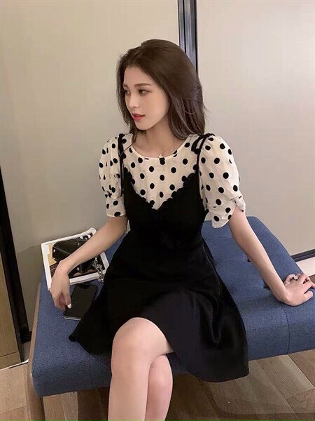 [ Voucher 50k Freeship Max 0 đồng toàn quốc ]SET YẾM VÁY HAI DÂY XÒE KÈM ÁO TAY BÚP, CỔ TRÒN CHẤM BI DỄ THƯƠNG - MTB