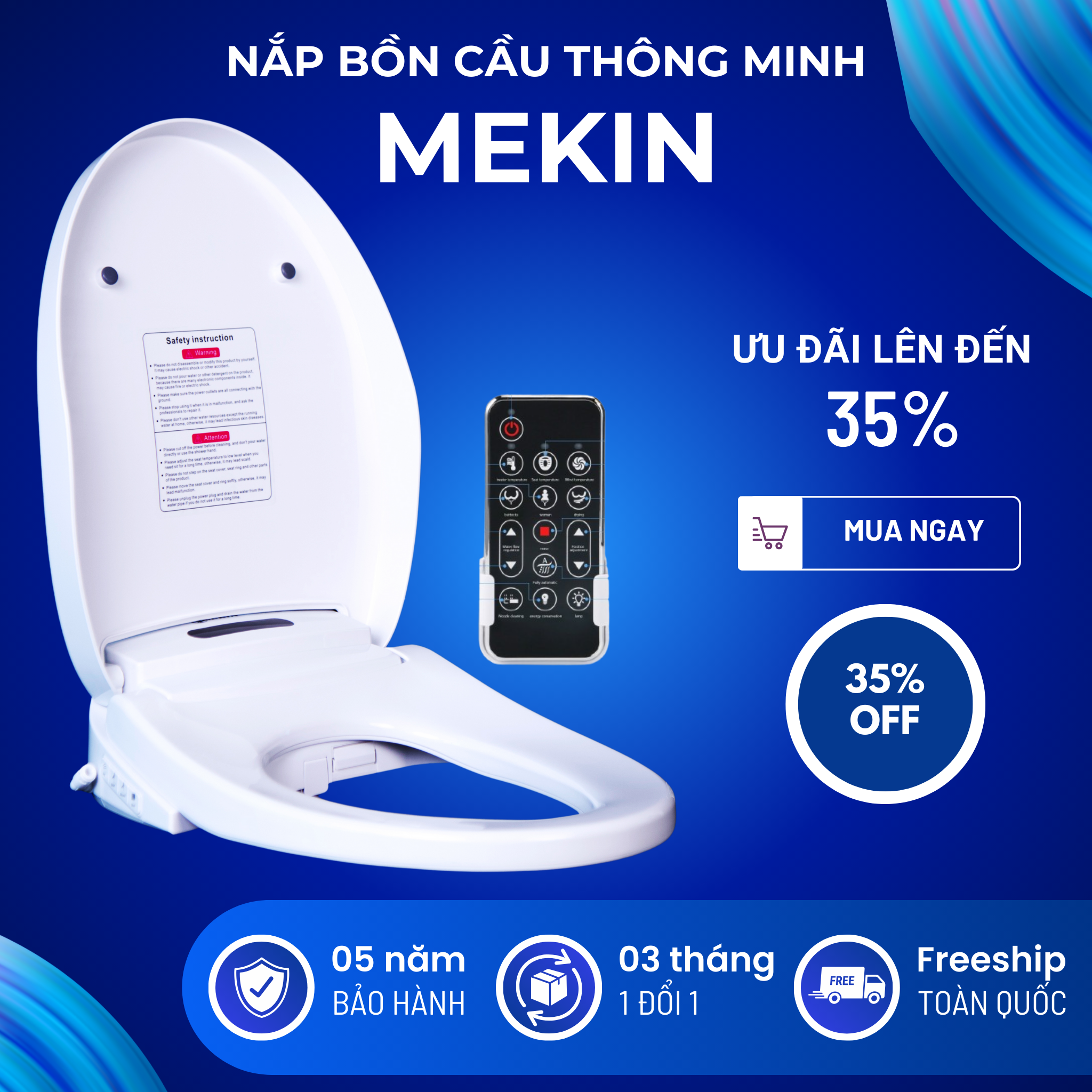 Nắp Bồn Cầu Thông Minh MEKIN, Xịt Rửa Nước Ấm, Làm Ấm Bệt Ngồi, Hong Khô Gió Ấm, Điều Khiển Thông Minh