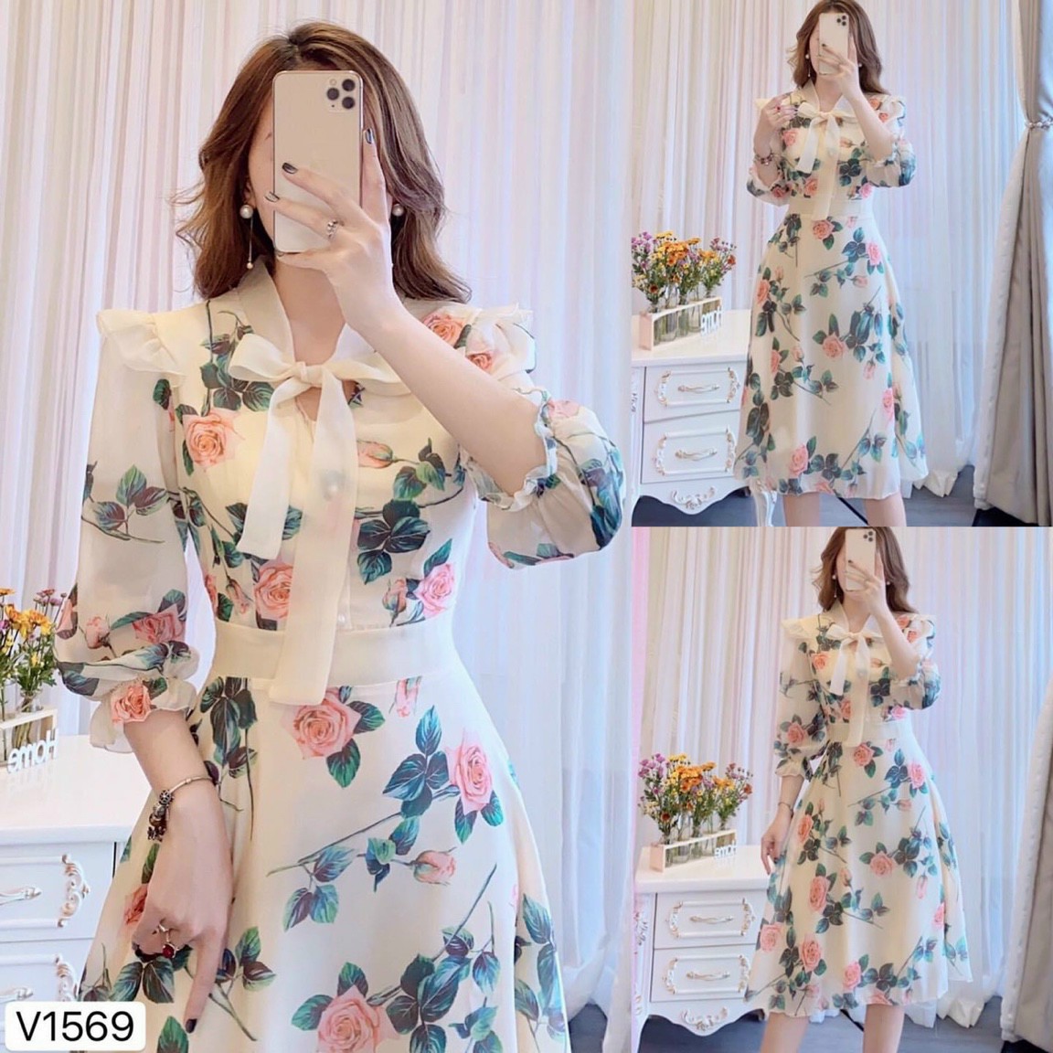 Đầm hoa nơ phối voan-QH#damnu