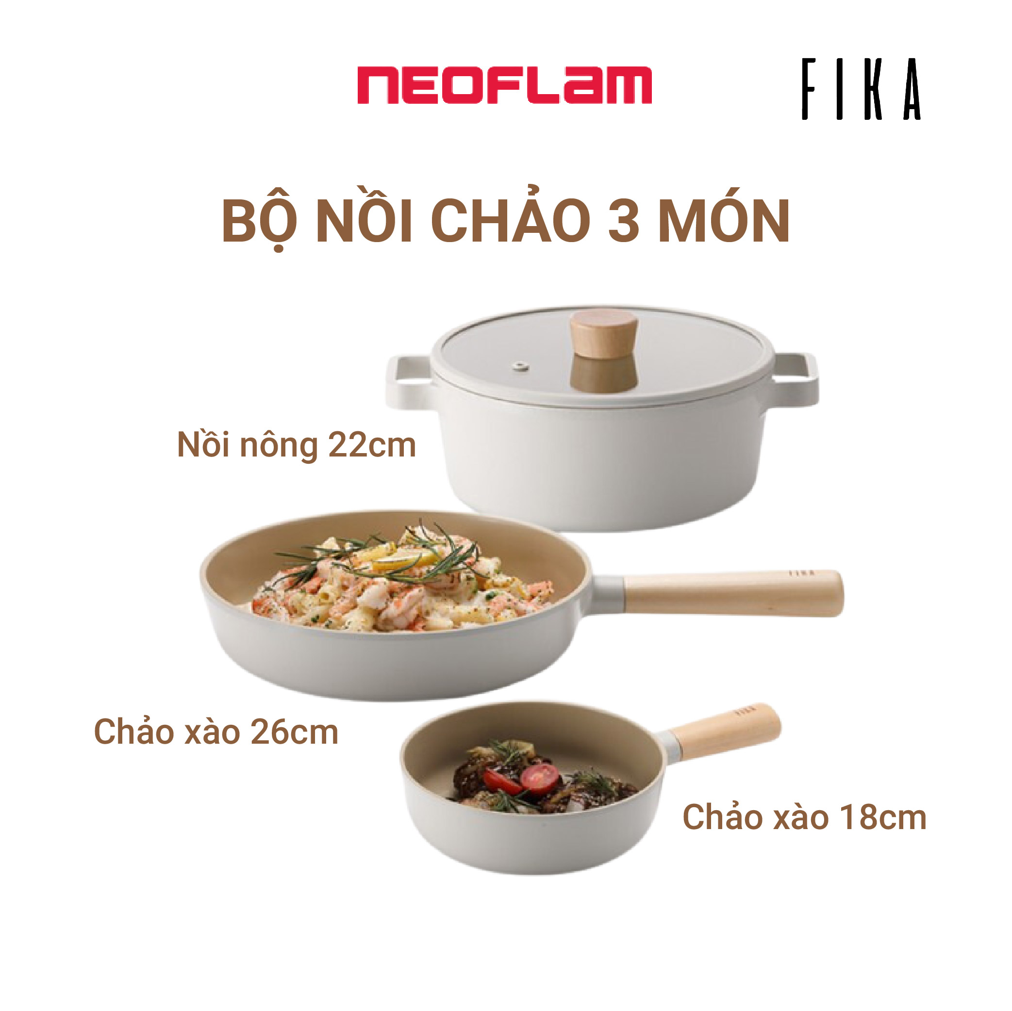 Bộ 3 món nồi, chảo Neoflam Fika Hàn Quốc . Hàng có sẵn giao ngay