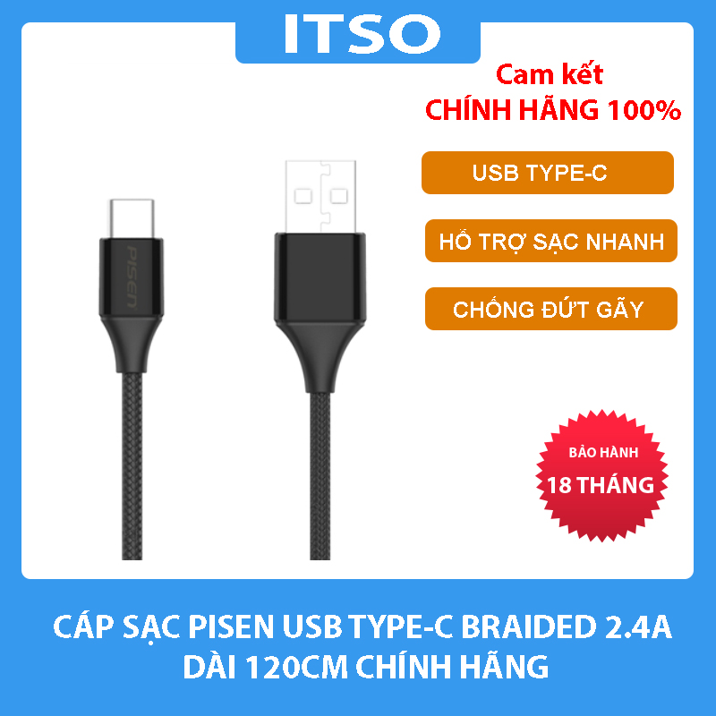 [HCM]Cáp sạc nhanh PISEN cổng USB Type-C Braided chính hãng dài 1.2m – Bảo hành 18 tháng – Dây Sạc TypeC cao cấp