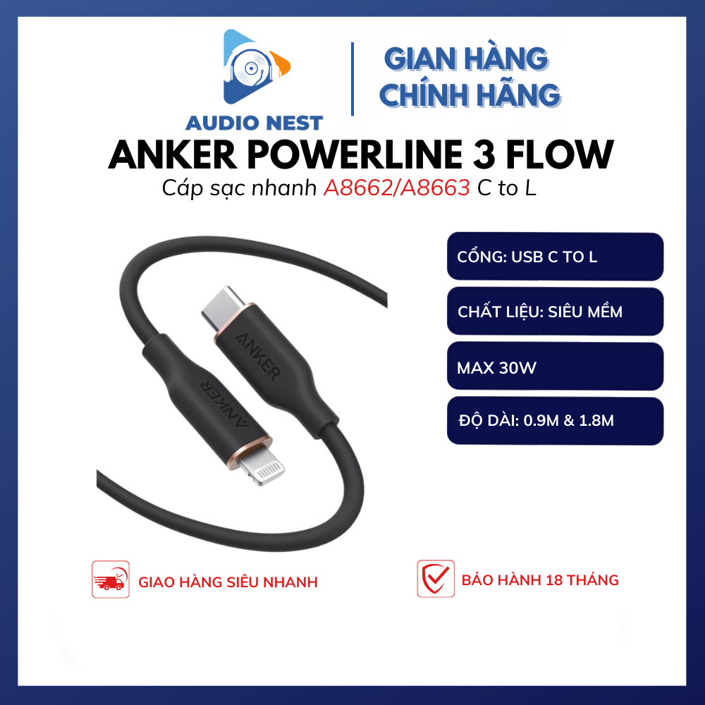 Cáp sạc Anker PowerLine III FLOW C To L mã hiệu A8662 0.9m / A8663 sạc nhanh Type C - Bảo hành 18 tháng