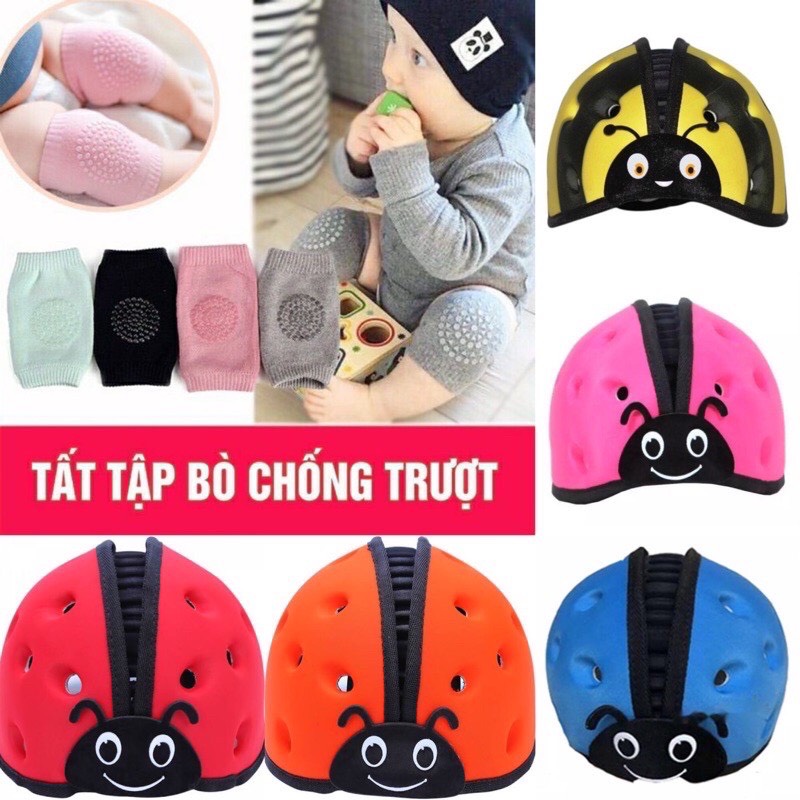 Combo Mũ Bảo Hiểm Cho Bé Hình Con Bọ Tặng Tất Tập Bò Chống Trượt