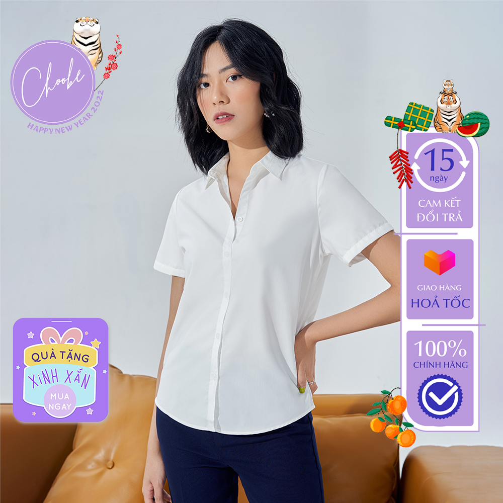 Áo sơ mi nữ Choobe ngắn tay dáng suông vải mềm thoáng mát sơmi cộc tay công sở kiểu trơn basic A02