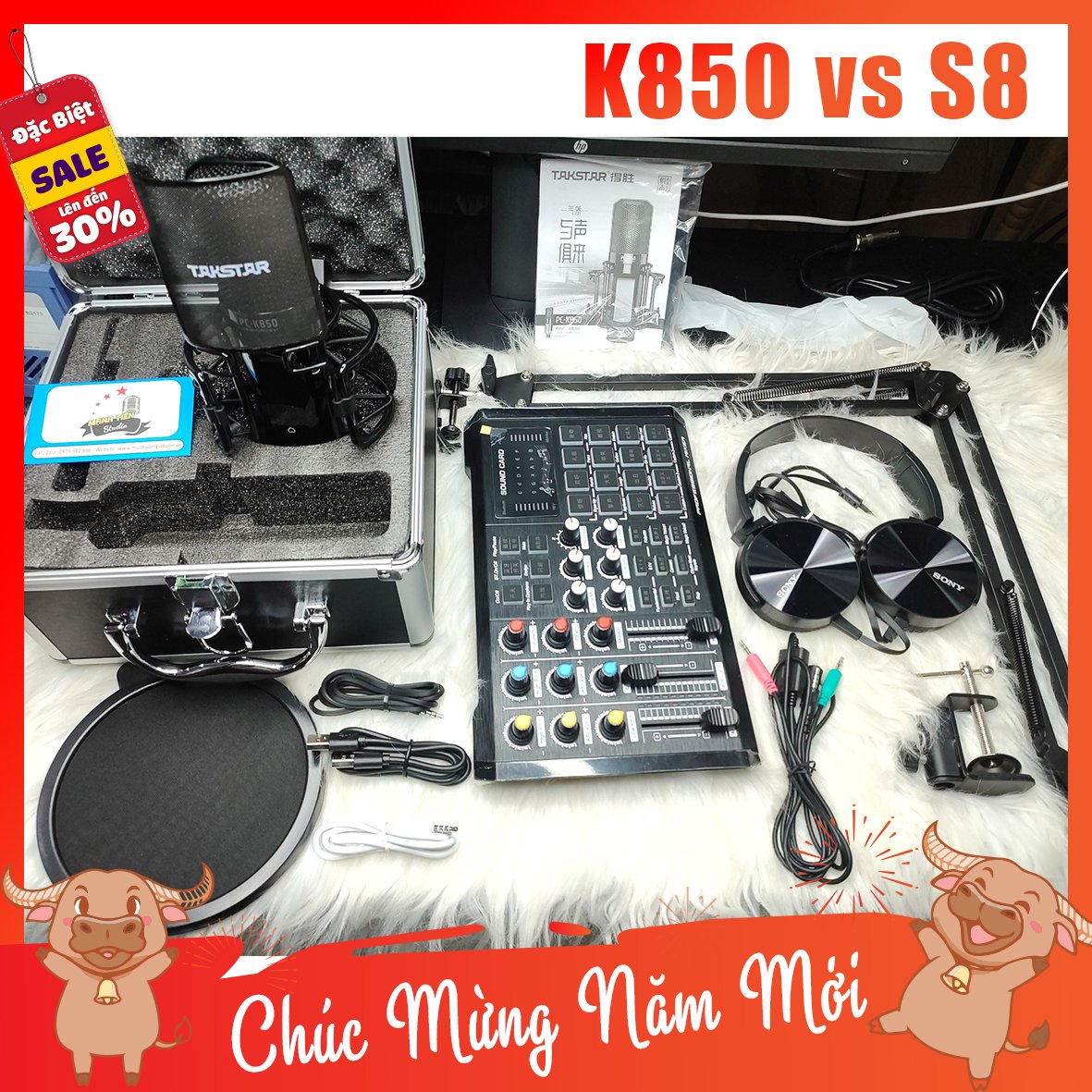 Trọn bộ combo micro K850 + sound card S8 + full phụ kiện livestream karaoke thu âm cao cấp bảo hành 12 tháng