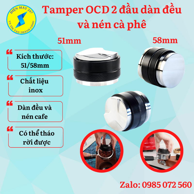 Tamper ocd 2 đầu dàn đều và nén cà phê espresso - kích thước 51-58mm - inox 304 - mới 100%