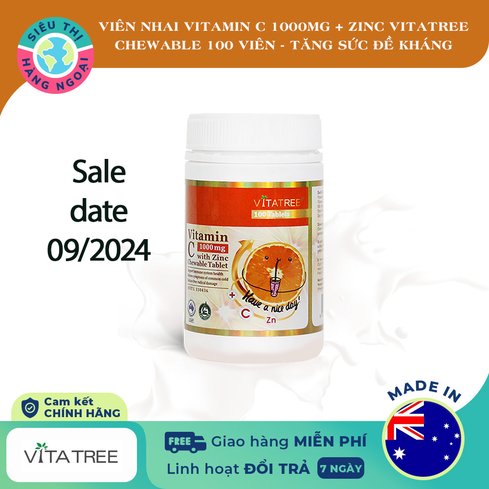 [HCM]Viên nhai Vitamin C 1000mg with Zinc Chewable Tablet Vitatree [Tăng cường hệ thống miễn dịch sức đề kháng cho cơ thể Chống oxy hóa] Hộp 100 Viên Hàng Úc (được bán bởi Siêu Thị Hàng Ngoại)