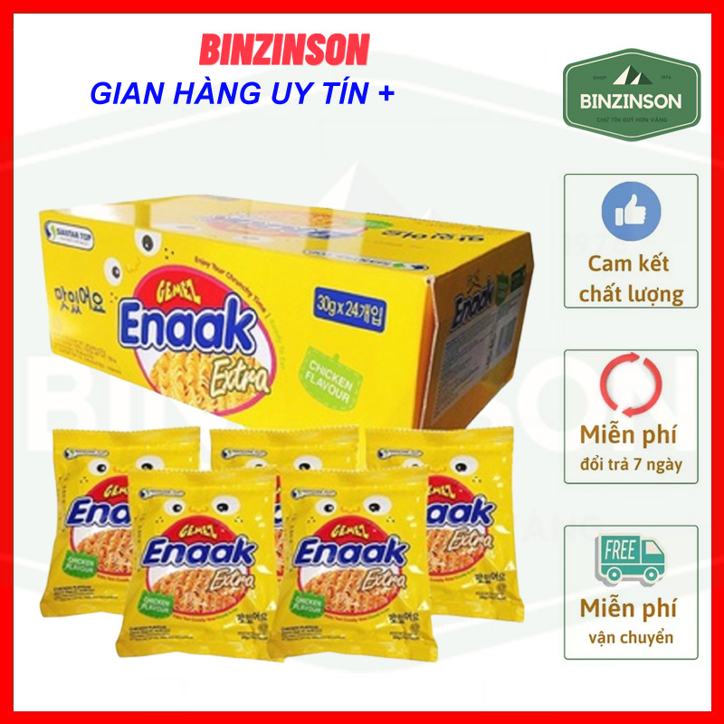 Mì ăn sống (snack mì) vị gà Enaak vị gà hộp gồm 24 gói x 30g, hạng sử dụng 12 tháng tính từ ngày sản xuất, có ghi trên bao bì - BINZINSON